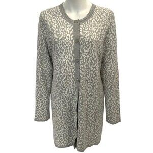 Isaac Mizrahi Live! Sweater Women Size L Gray White Animal Print Button Front